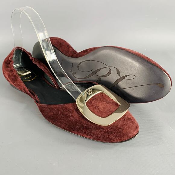 ROGER VIVIER Size 10 Burgundy Silver Buckle Suede Flats - Picture 5 of 8